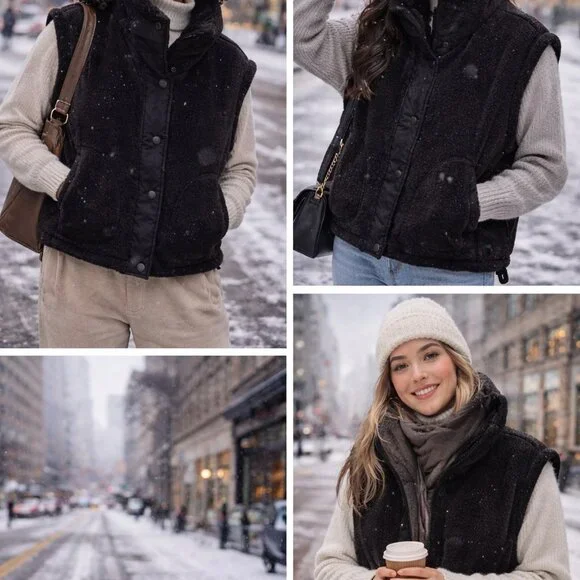 🖤 Free People Black Oversized Sherpa Puffer Vest / Jacket – Size M 🖤 - Picture 3 of 5